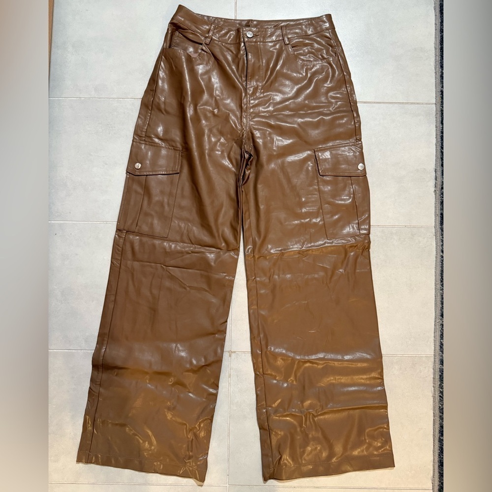 Magnolia Boutique Brown Faux Leather Cargo Pants - Picture 2 of 4